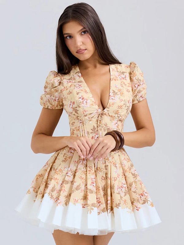 Floral Fit-and-Flare Mini Dress with Tulle Skirt & Puff Sleeves	