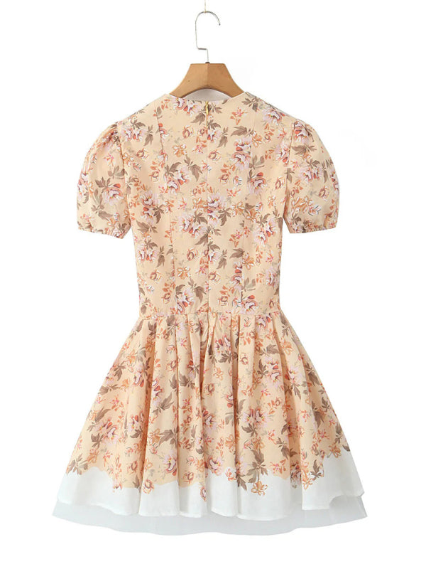 Puff Sleeve Floral Party Dress with Tulle Skirt Cocktail Dresses