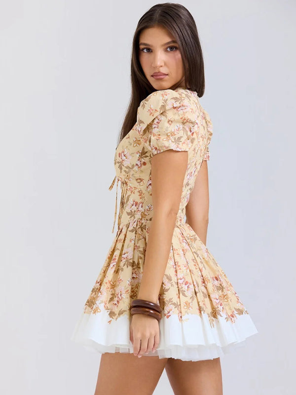 Puff Sleeve Floral Party Dress with Tulle Skirt Cocktail Dresses