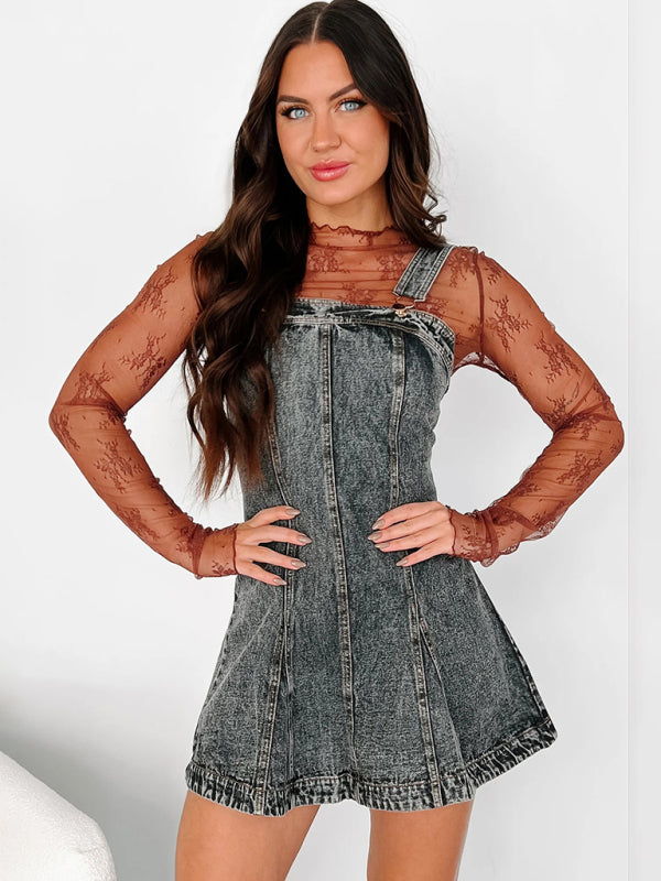 A-Line Retro Washed Denim Pinafore Dress Denim Dresses