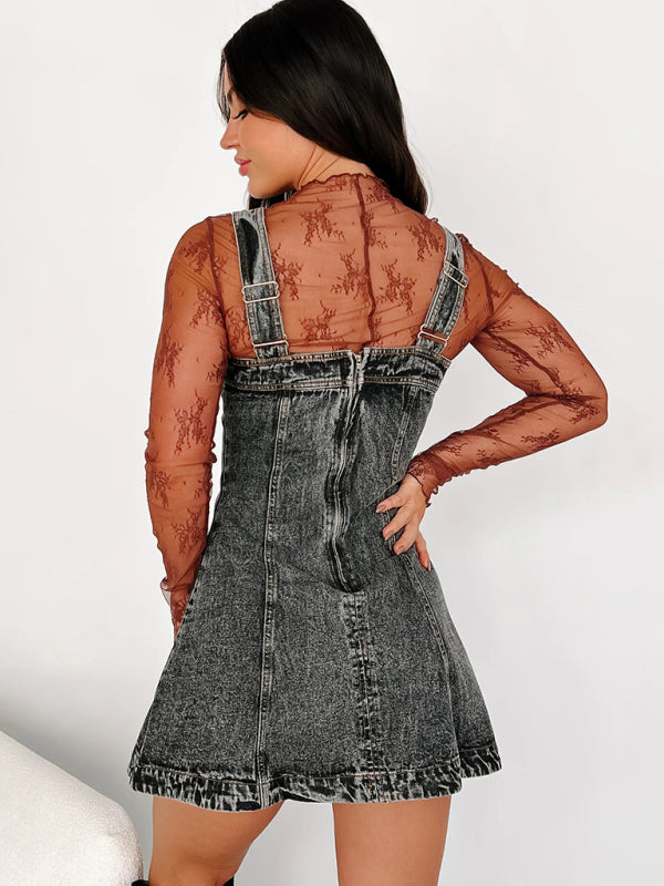 A-Line Retro Washed Denim Pinafore Dress Denim Dresses