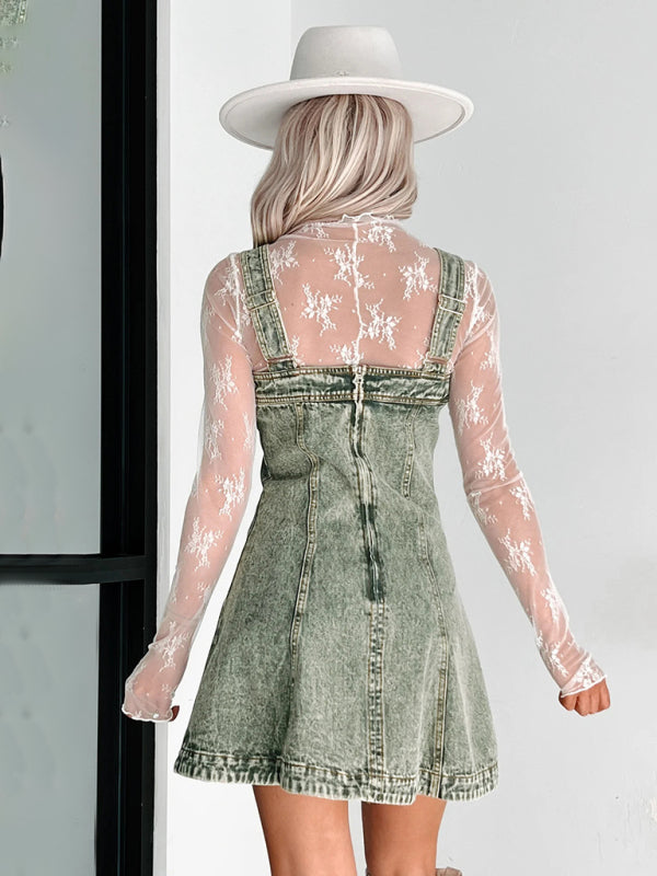 A-Line Retro Washed Denim Pinafore Dress Denim Dresses