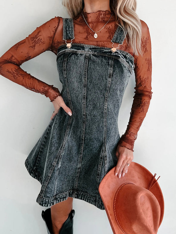 A-Line Retro Washed Denim Pinafore Dress Denim Dresses