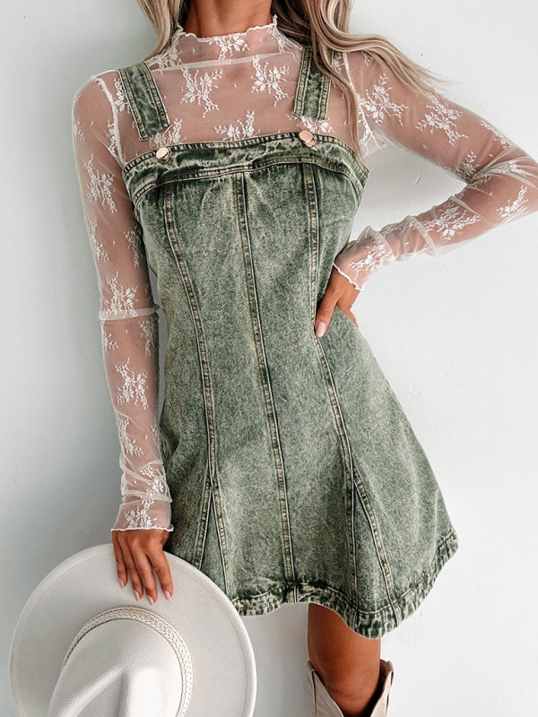 A-Line Retro Washed Denim Pinafore Dress Denim Dresses