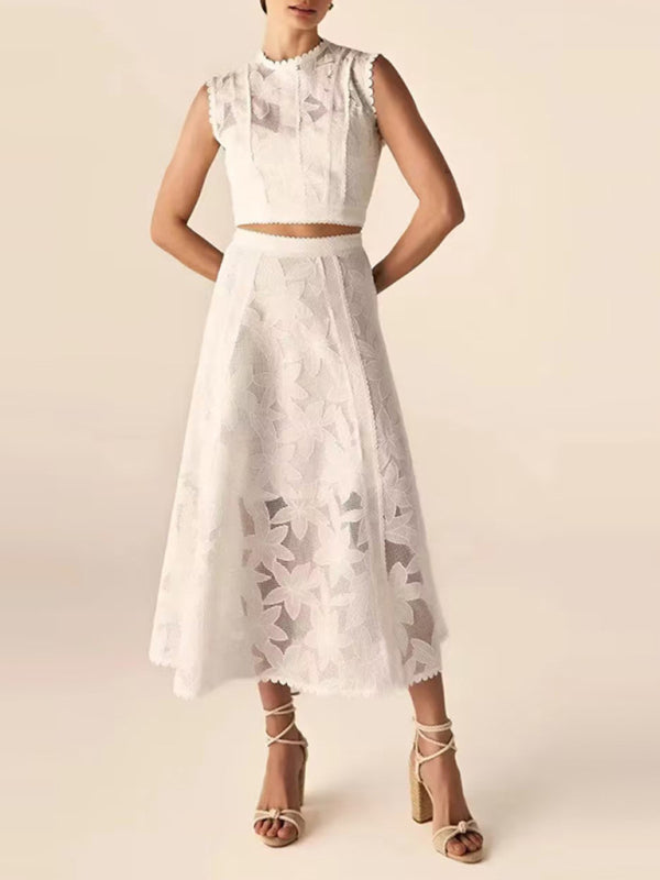 Floral Lace Crop Top and Midi Skirt Set for Elegant Occasions	