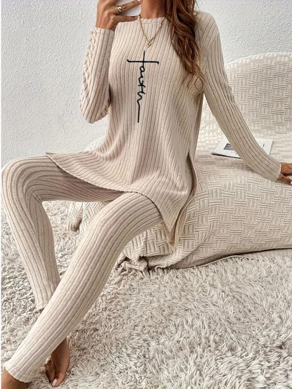 Neutral Knit Longline Pullover & Ribbed Leggings Outfit Outfit