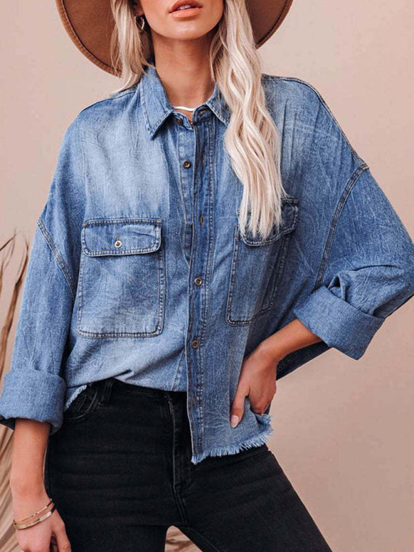 Oversized Distressed Denim Shacket Frayed Jacket Shackets