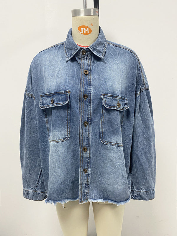 Oversized Distressed Denim Shacket Frayed Jacket Shackets