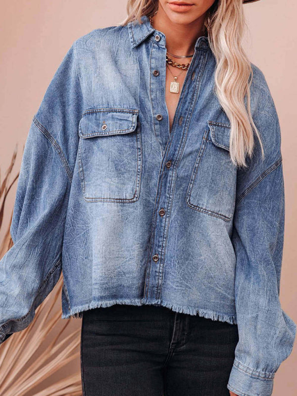 Oversized Distressed Denim Shacket Frayed Jacket Shackets