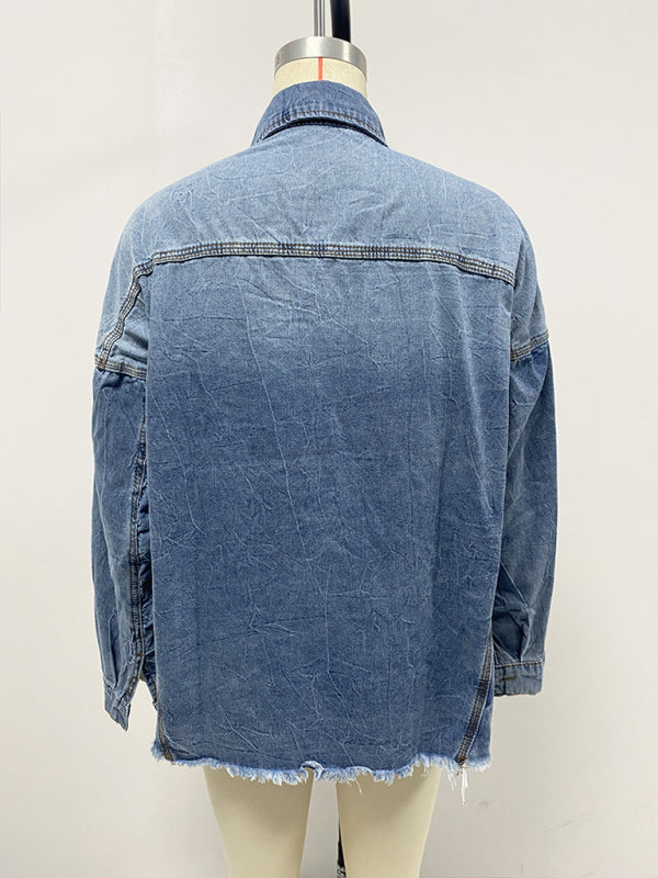 Oversized Distressed Denim Shacket Frayed Jacket Shackets