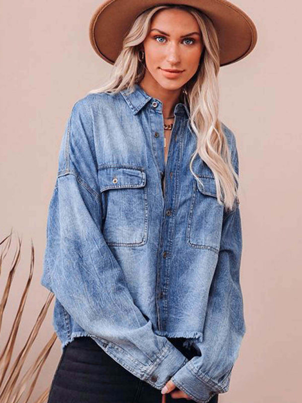 Oversized Distressed Denim Shacket Frayed Jacket Shackets