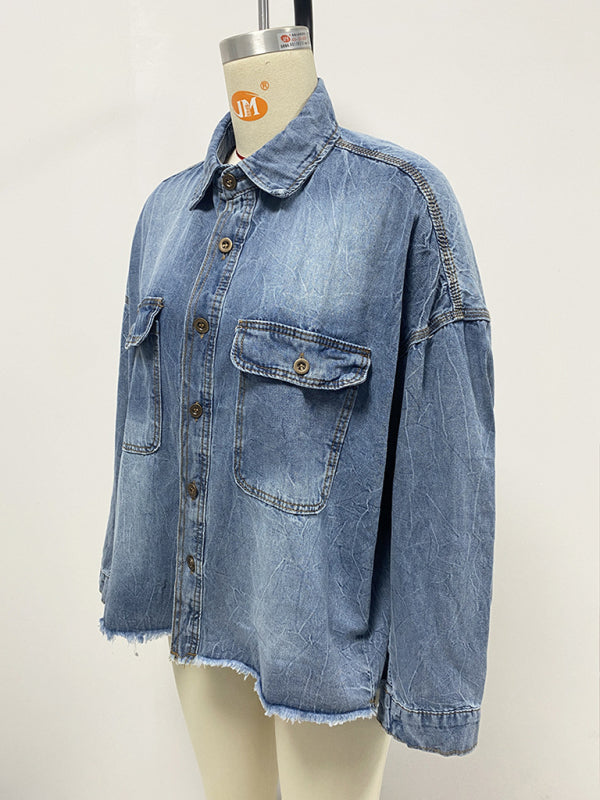 Oversized Distressed Denim Shacket Frayed Jacket Shackets