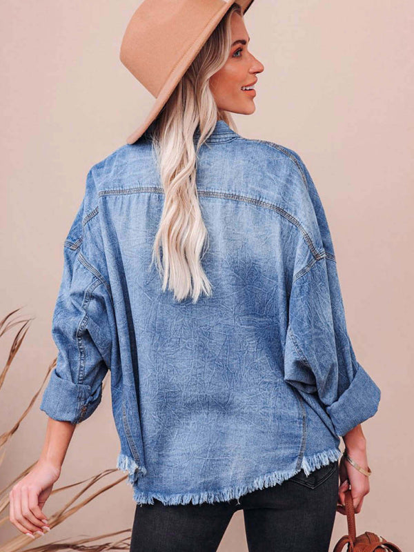 Oversized Distressed Denim Shacket Frayed Jacket Shackets