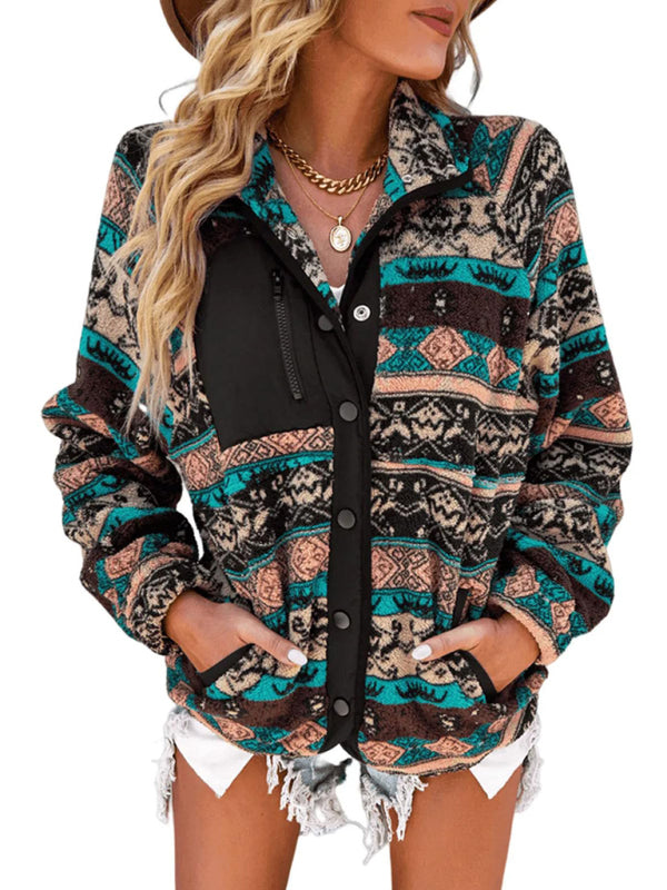 Native-Inspired Outerwear Tribal Print Fleece Jacket Fleece