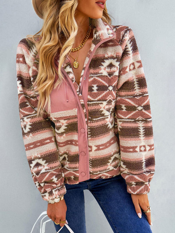 Native-Inspired Outerwear Tribal Print Fleece Jacket Fleece