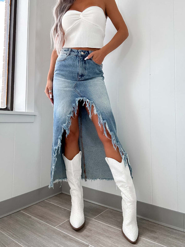 Distressed Denim High-Low Skirt with Frayed Edges	