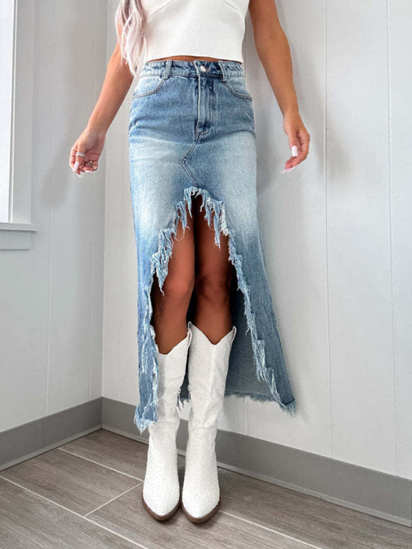 Edgy Frayed Denim High-Low Midi Skirt Denim Skirts