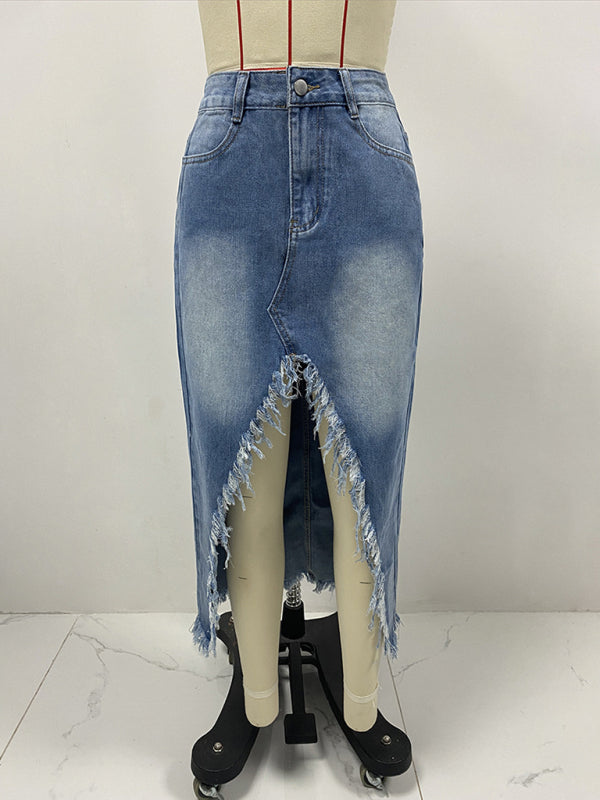 Edgy Frayed Denim High-Low Midi Skirt Denim Skirts