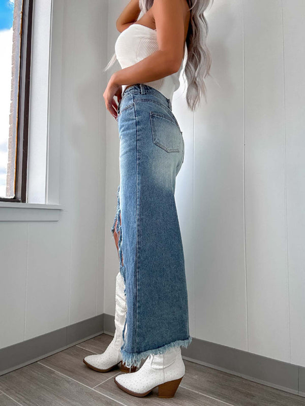 Edgy Frayed Denim High-Low Midi Skirt Denim Skirts