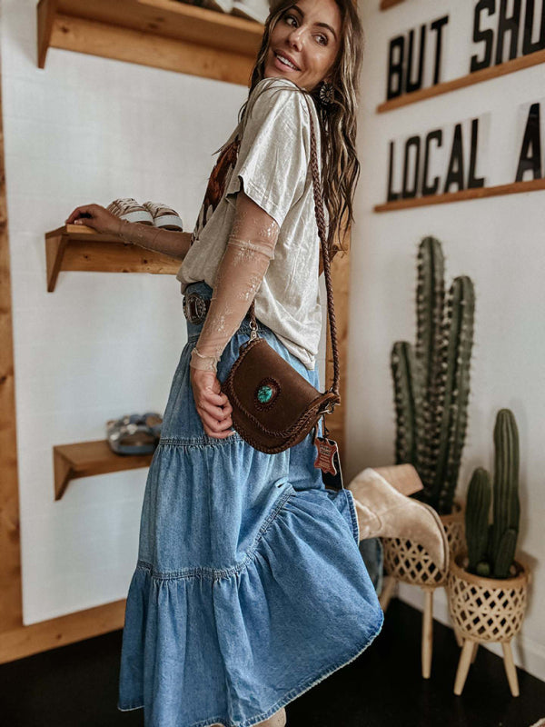 Boho Denim Tiered Midi Skirt Denim Skirts