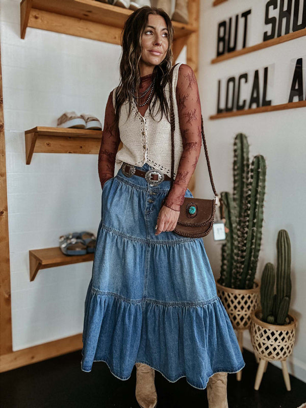 Boho Denim Tiered Midi Skirt Denim Skirts