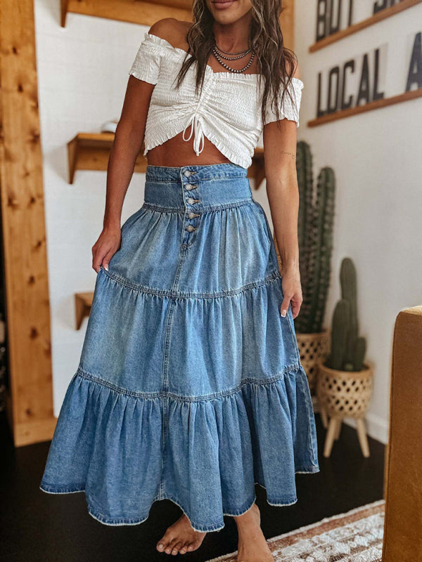 Boho Denim Tiered Midi Skirt Denim Skirts