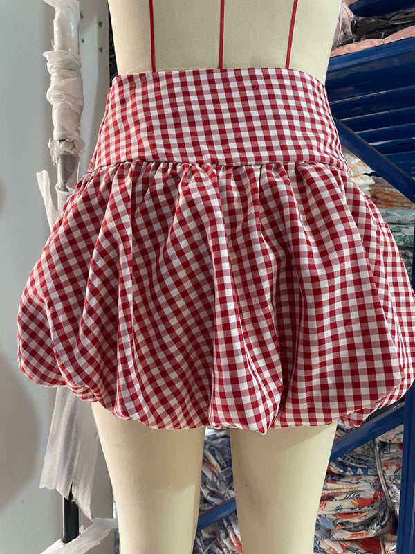 Red & White Gingham Flounce Skirt Mini Skirts