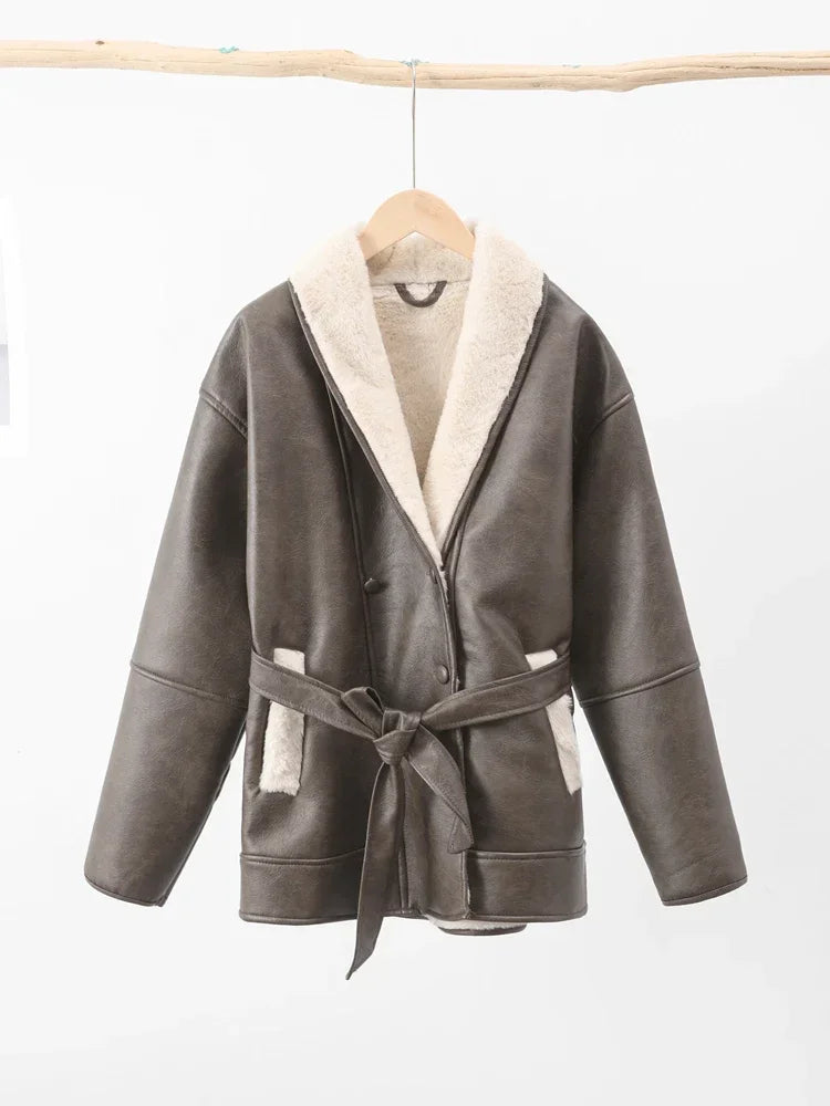 Faux Leather Shearling Wrap Jacket Fall Fashion for Women Coats