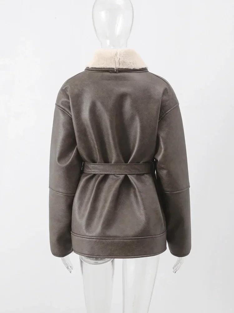 Faux Leather Shearling Wrap Jacket Fall Fashion for Women Coats