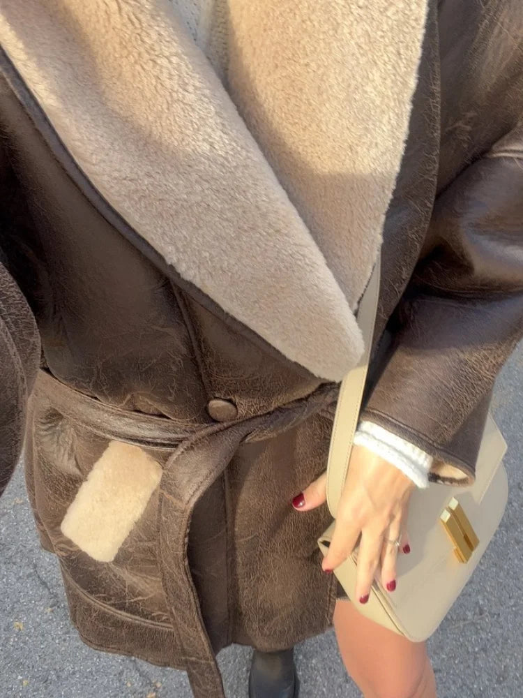 Faux Leather Shearling Wrap Jacket Fall Fashion for Women Coats