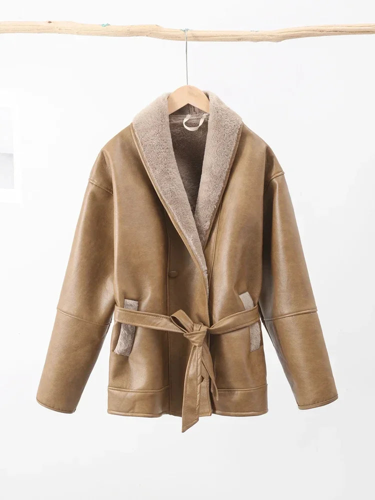 Faux Leather Shearling Wrap Jacket Fall Fashion for Women Coats