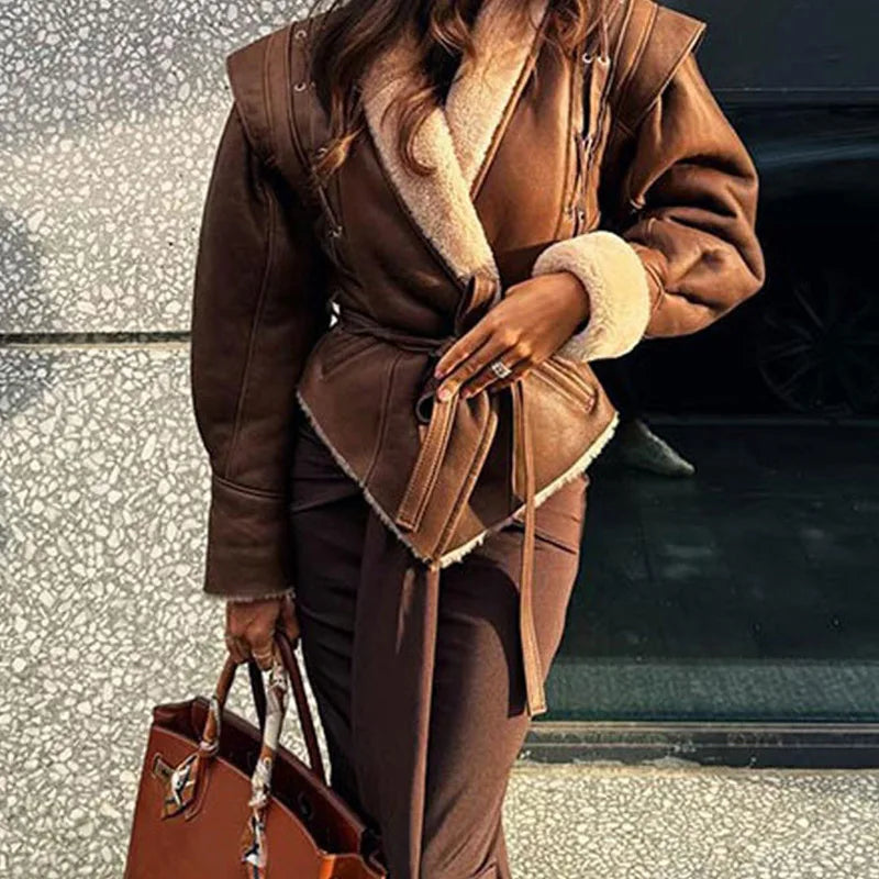 Faux Leather Shearling Wrap Jacket Fall Fashion for Women Coats