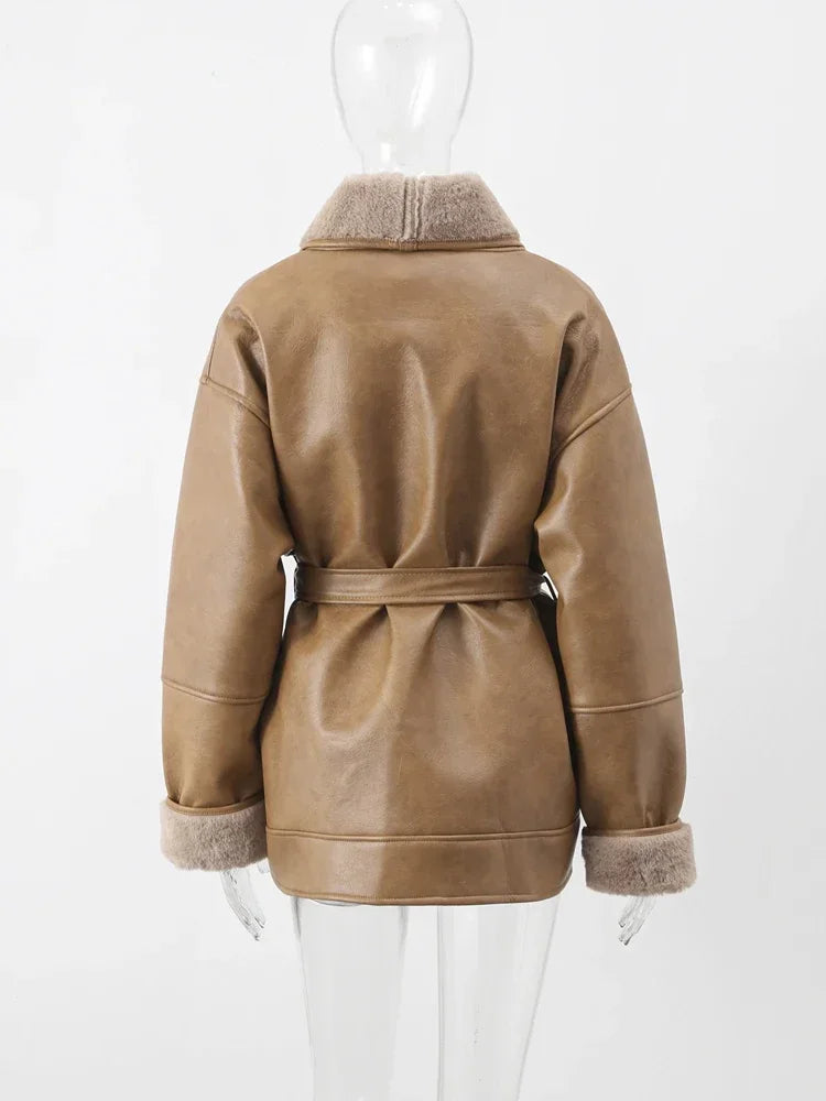 Faux Leather Shearling Wrap Jacket Fall Fashion for Women Coats