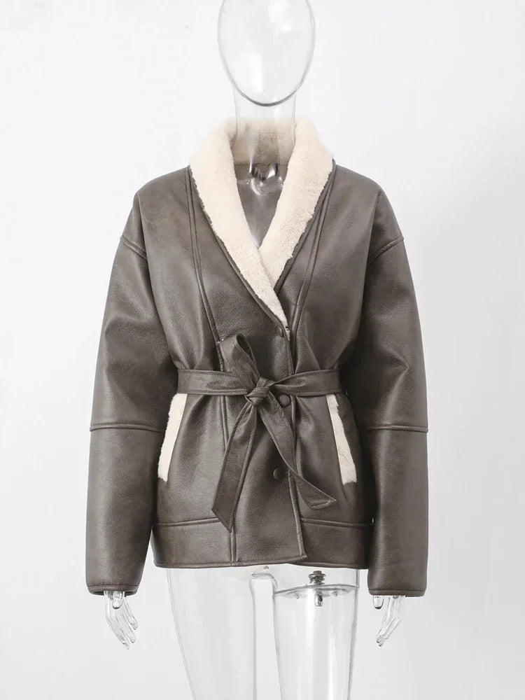 Faux Leather Shearling Wrap Jacket Fall Fashion for Women Coats