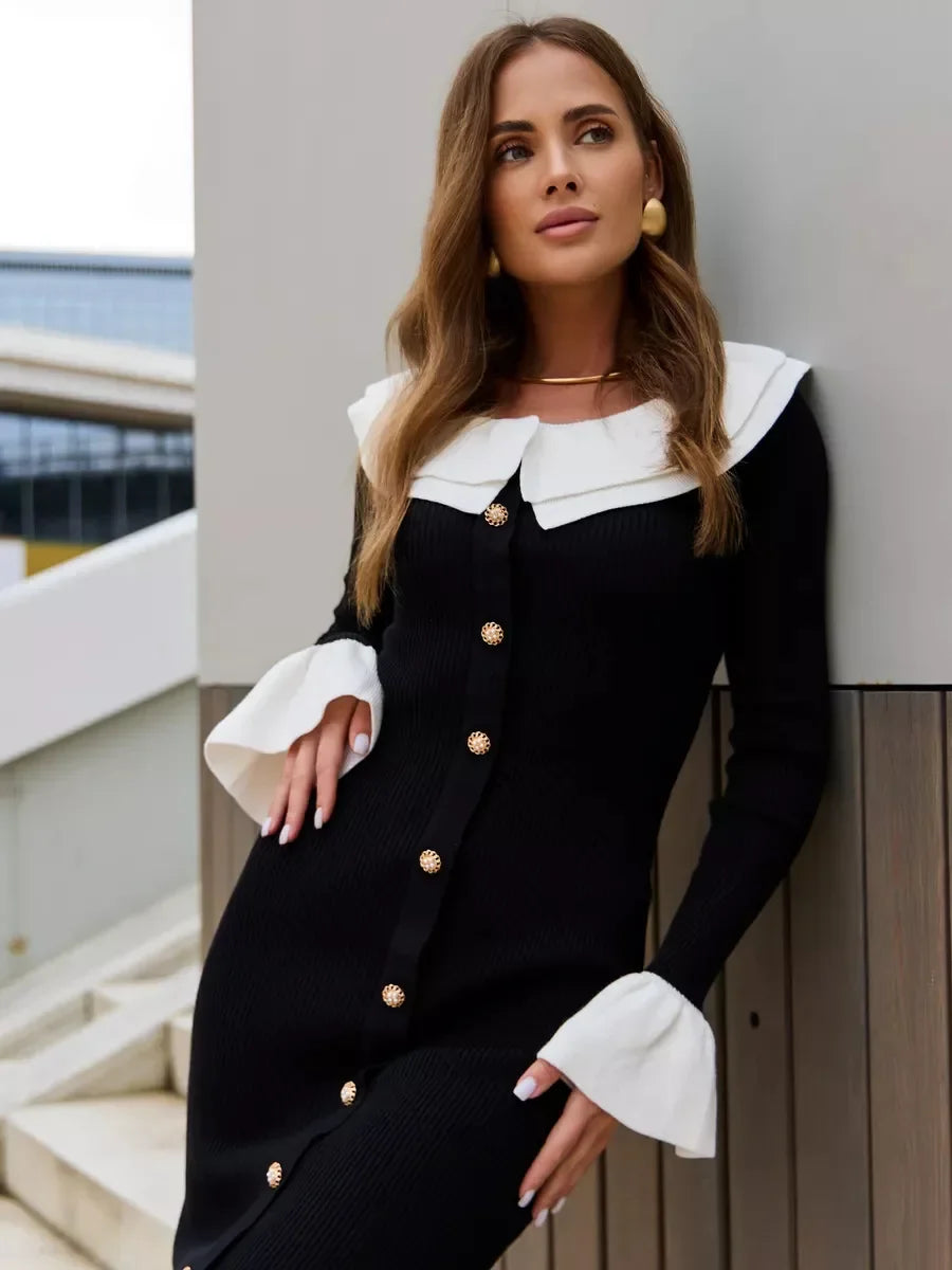 Ribbed Buttoned Knit Dress with Contrast Collar Knit Dresses