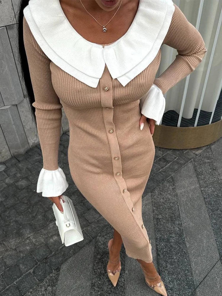 Ribbed Buttoned Knit Dress with Contrast Collar Knit Dresses