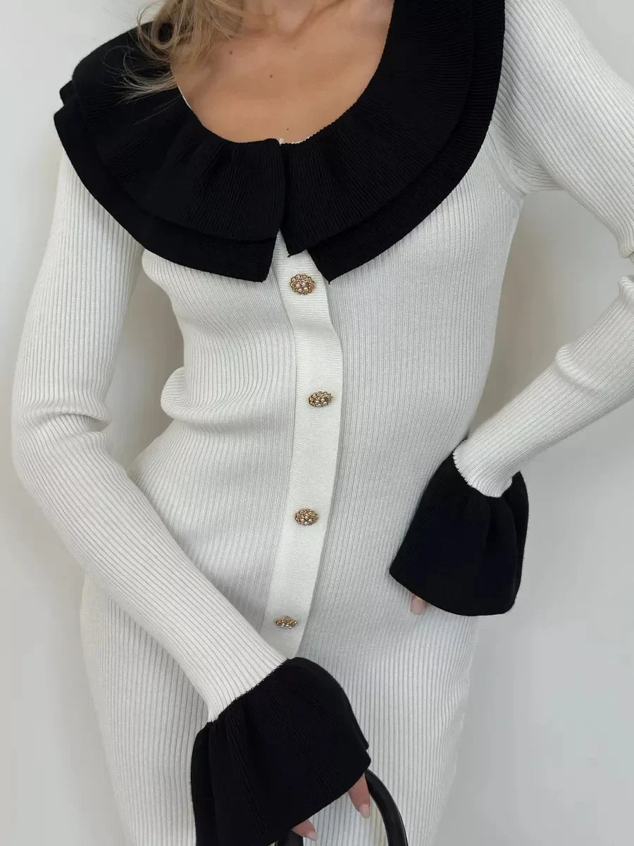 Ribbed Buttoned Knit Dress with Contrast Collar Knit Dresses