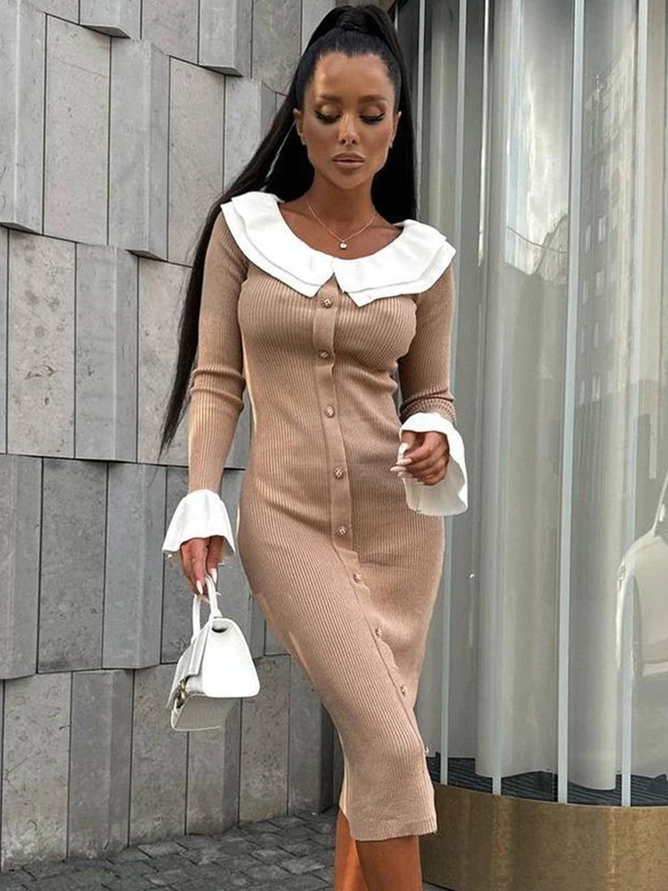 Ribbed Buttoned Knit Dress with Contrast Collar Knit Dresses