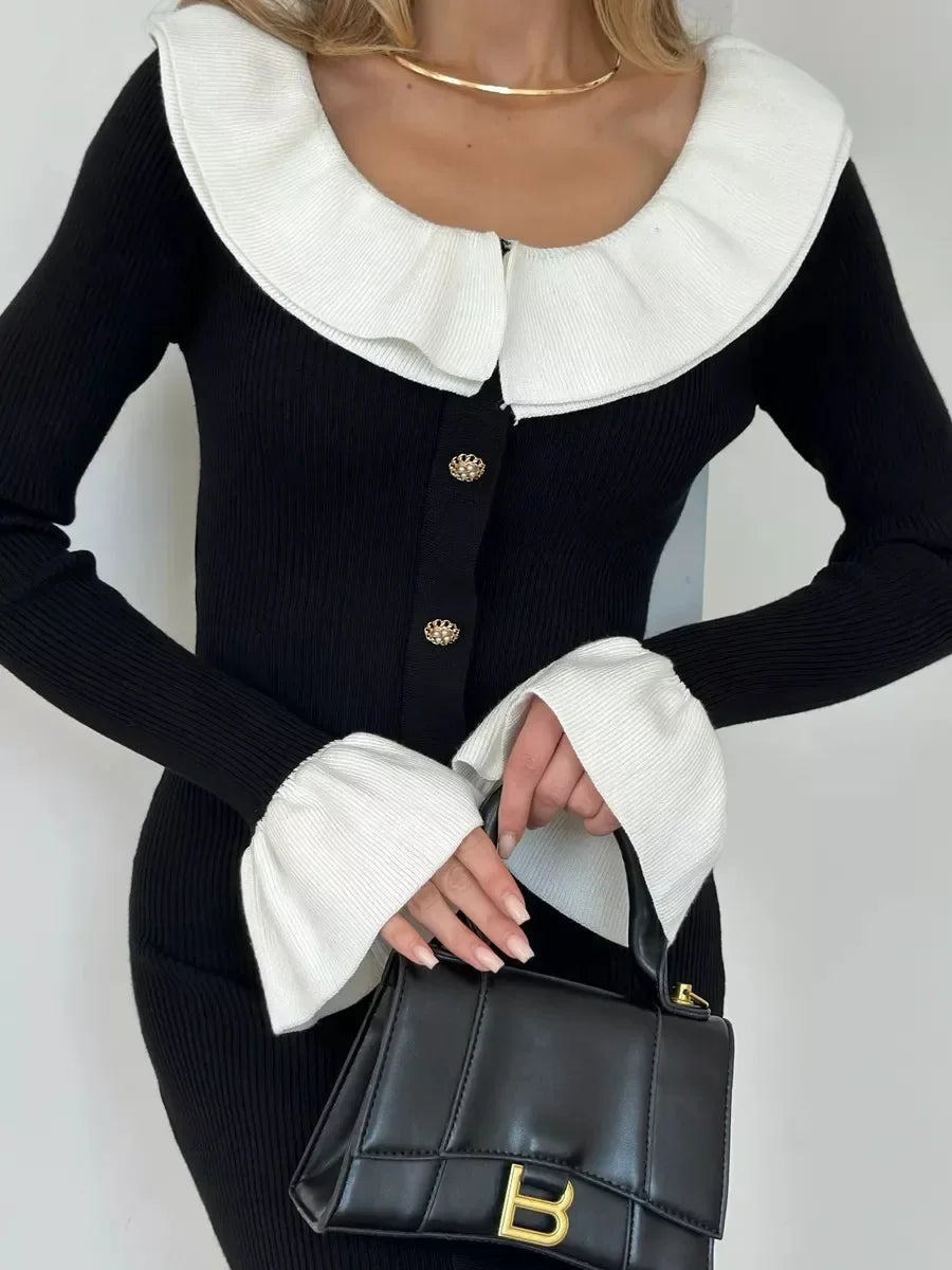 Ribbed Buttoned Knit Dress with Contrast Collar Knit Dresses