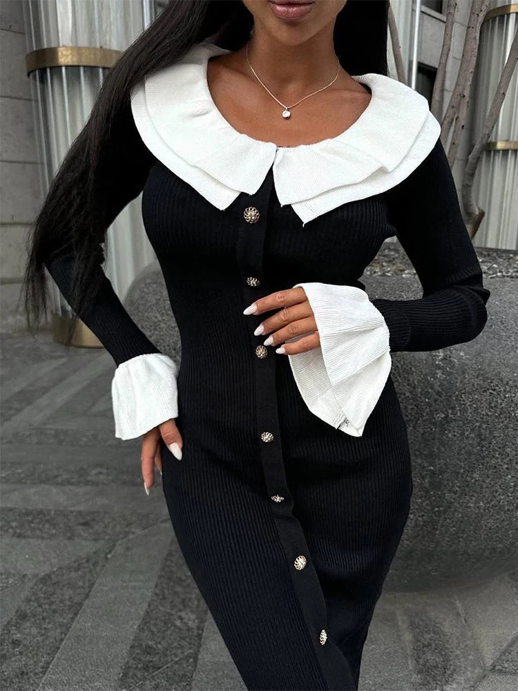 Ribbed Buttoned Knit Dress with Contrast Collar Knit Dresses