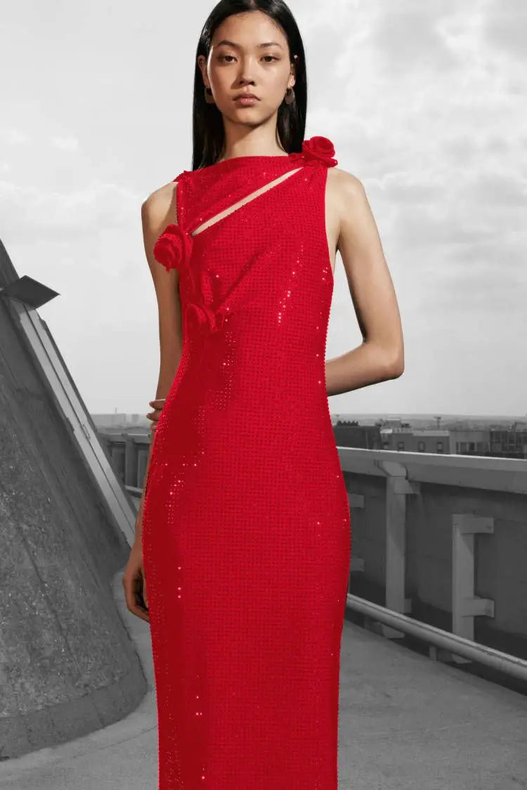 Red Rhinestone One-Shoulder Evening Dress	