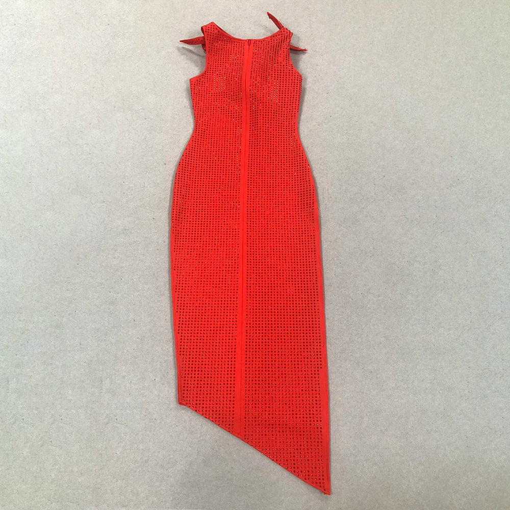 Elegant Red Diamond Asymmetrical Evening Dress Elegant Dresses