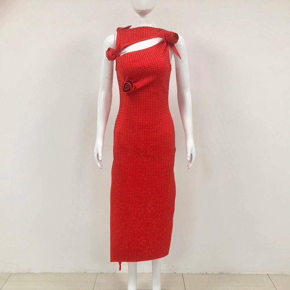 Elegant Red Diamond Asymmetrical Evening Dress Elegant Dresses