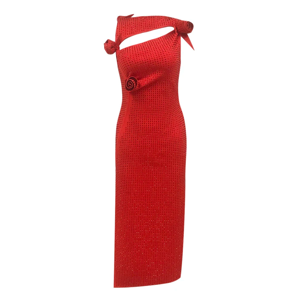 Elegant Red Diamond Asymmetrical Evening Dress Elegant Dresses