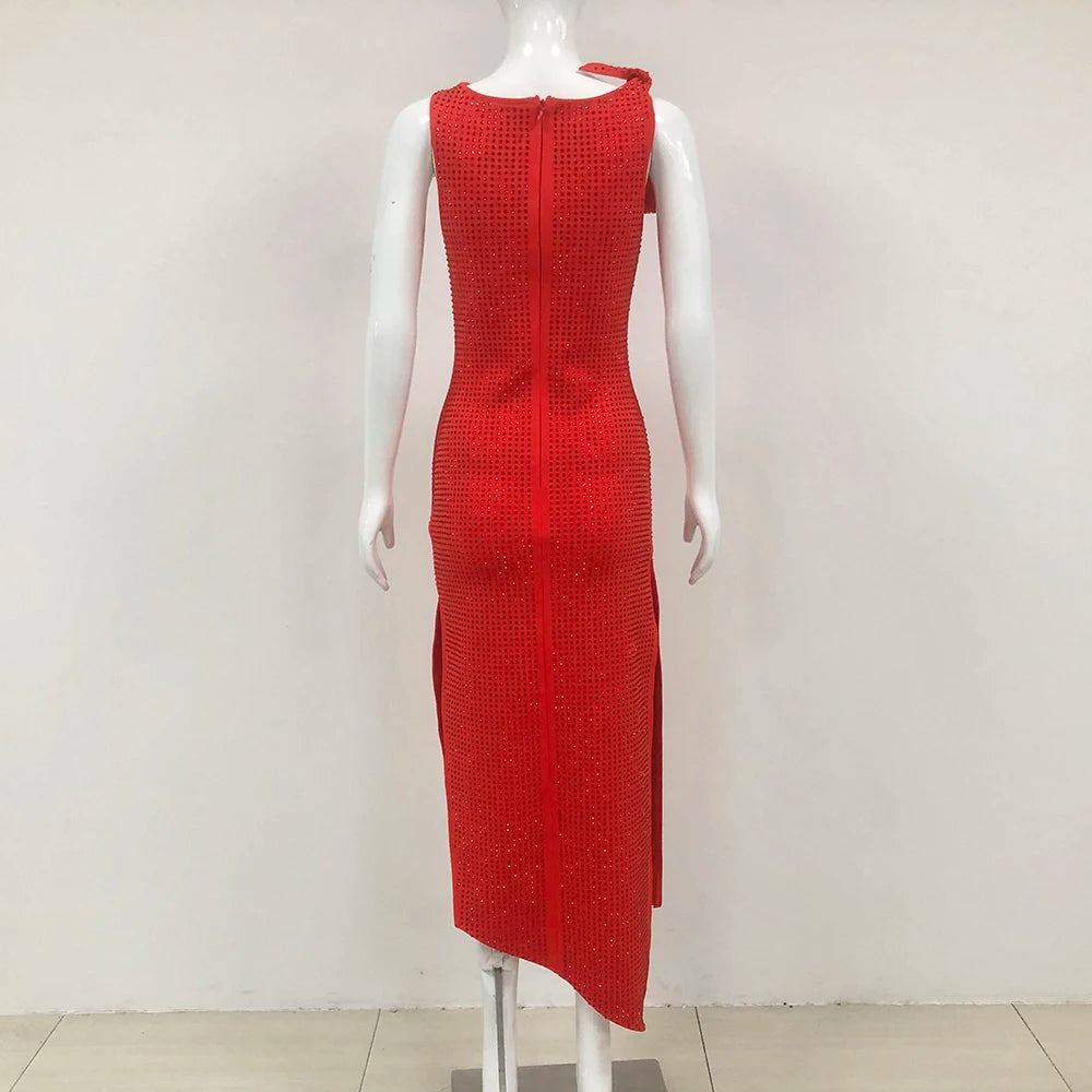 Elegant Red Diamond Asymmetrical Evening Dress Elegant Dresses