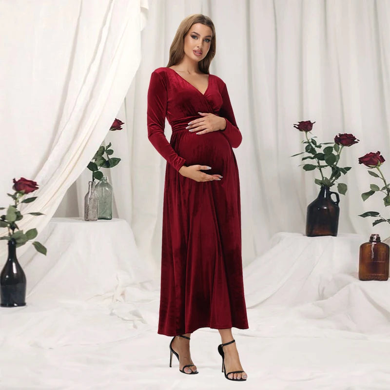 Elegant Velvet Maternity Maxi Dress for Stylish Moms	