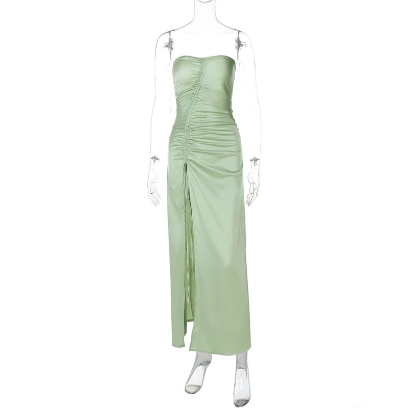 Mint Satin Strapless Slit Dress Elegant Dresses