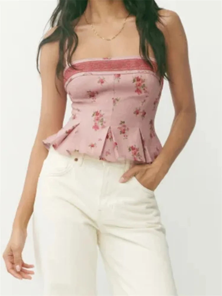 Floral Peplum Top with Lace Accents Cami Tops