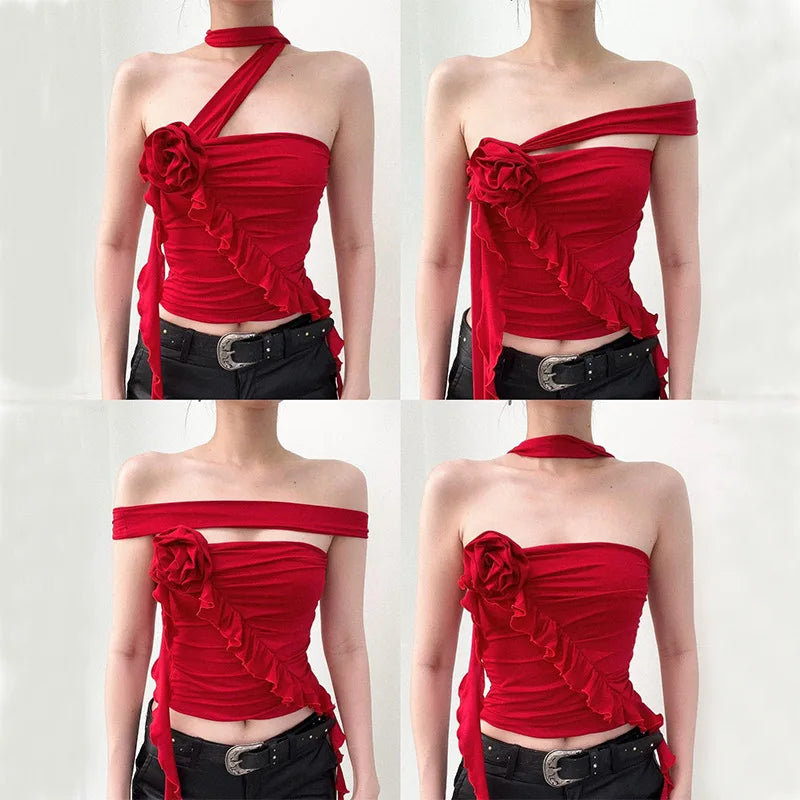 Choker Red Asymmetrical Ruffle Top Crop Tops