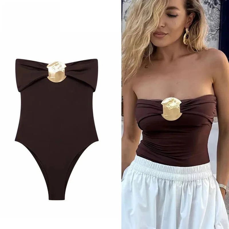 Elegant Strapless Bodysuit with Artistic Medallion	